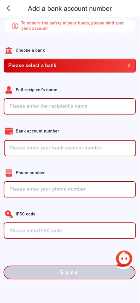 82 Lottery add bank account screen with bank and phone fields